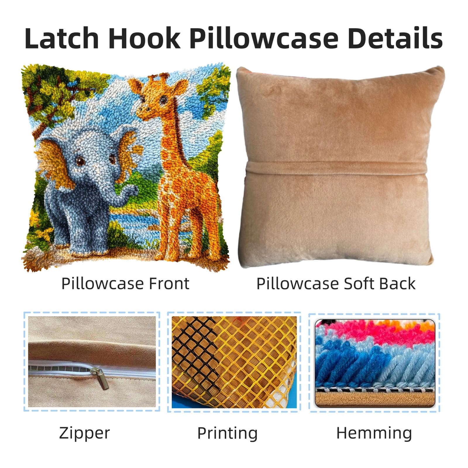 DIY Latch Hook Pillow Kits Cute Elephant and Giraffe Printed Pillowcase Crochet Yarns Hooking Handmade Pillow Cover Cushion for Home Sofa Decoration 17x17inch-1