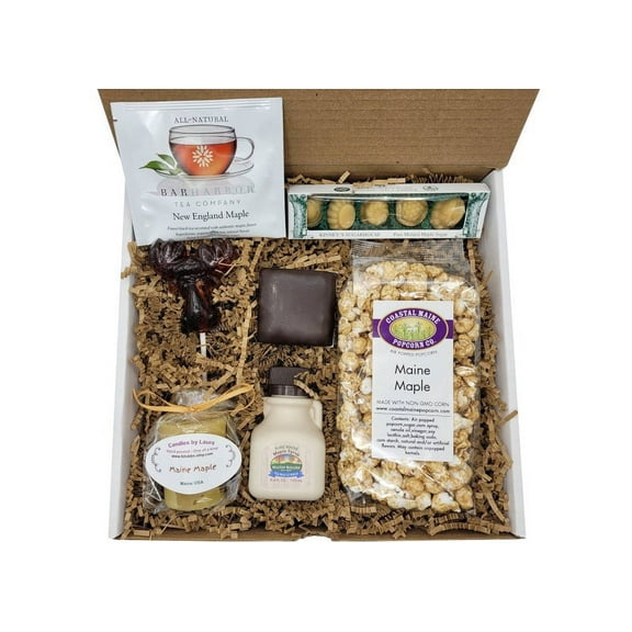 Maine Maple Sampler Box - Syrup, Chocolate, Popcorn, Tea and more - Gift set for Valentines, Mothers Day or Christmas gifts