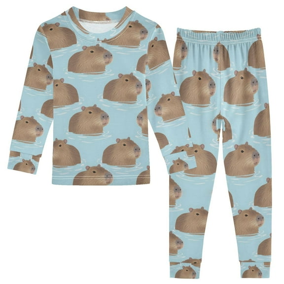 joogoo Cute Capybara Blue 2 Piece Long Sleeve Tee and Pants Cotton Pajama Set 5Y