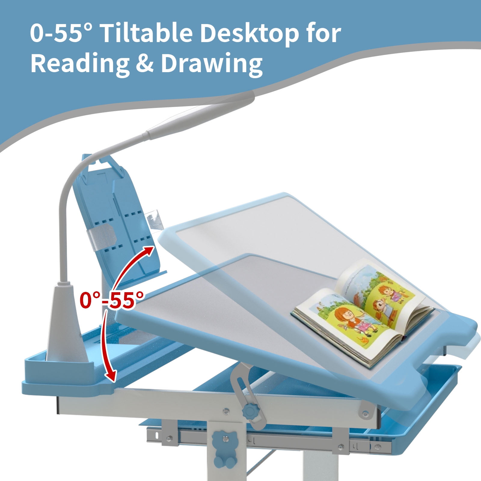 Kids Adjustable Desk & Chair Set with LED Light & Tilt Top, Study Table with Drawer & Bookstand, Blue