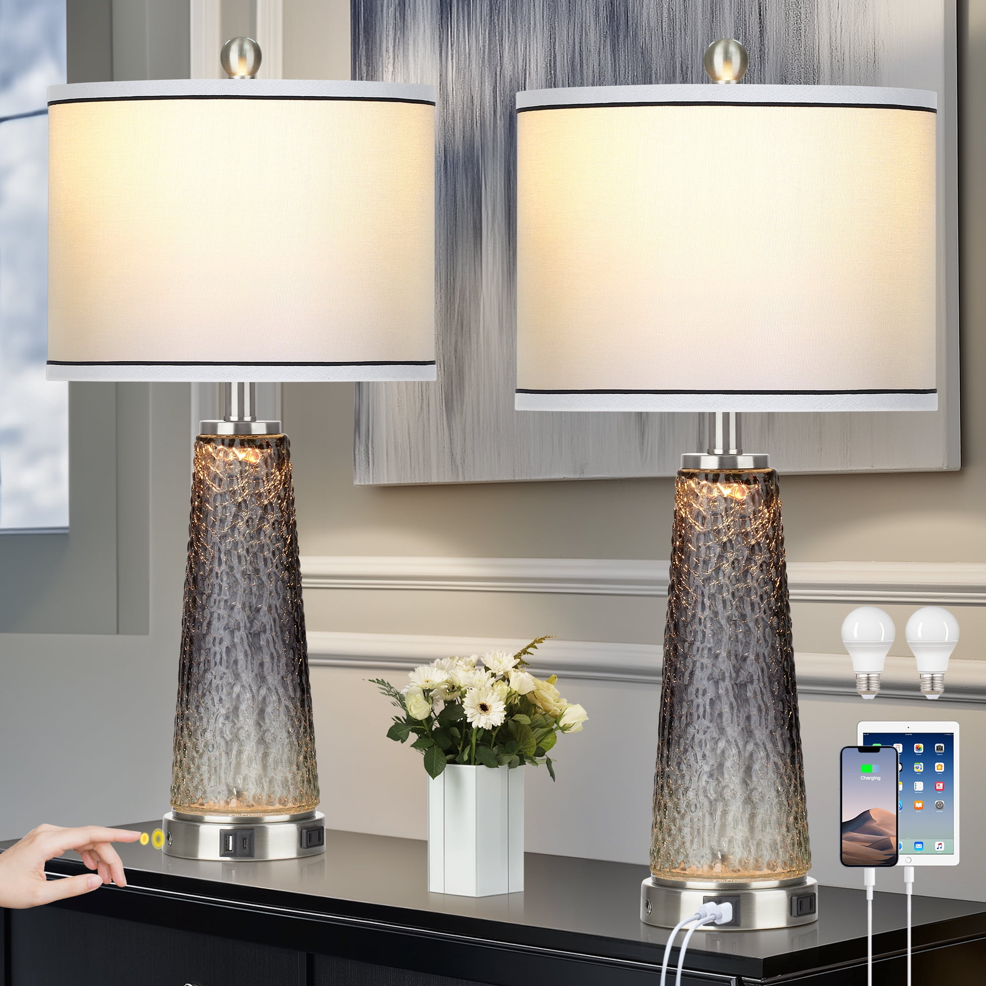 Cinkeda Modern Table Lamp Set of 2 for Bedroom Living Room with USB A+C Ports AC Outlet Gradient Grey Glass Nightlight Nightstand Bedside Lamps