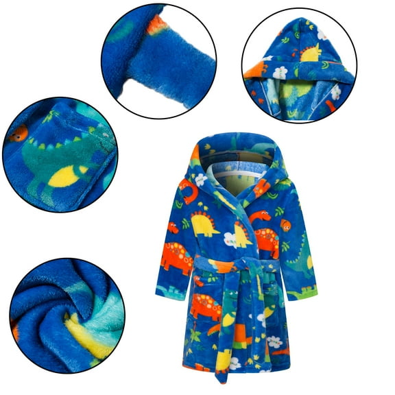 Boys Girls Hooded Robe 2-12Y Soft Fleece Cartoon Bathrobe Toddler Fuzzy Robe