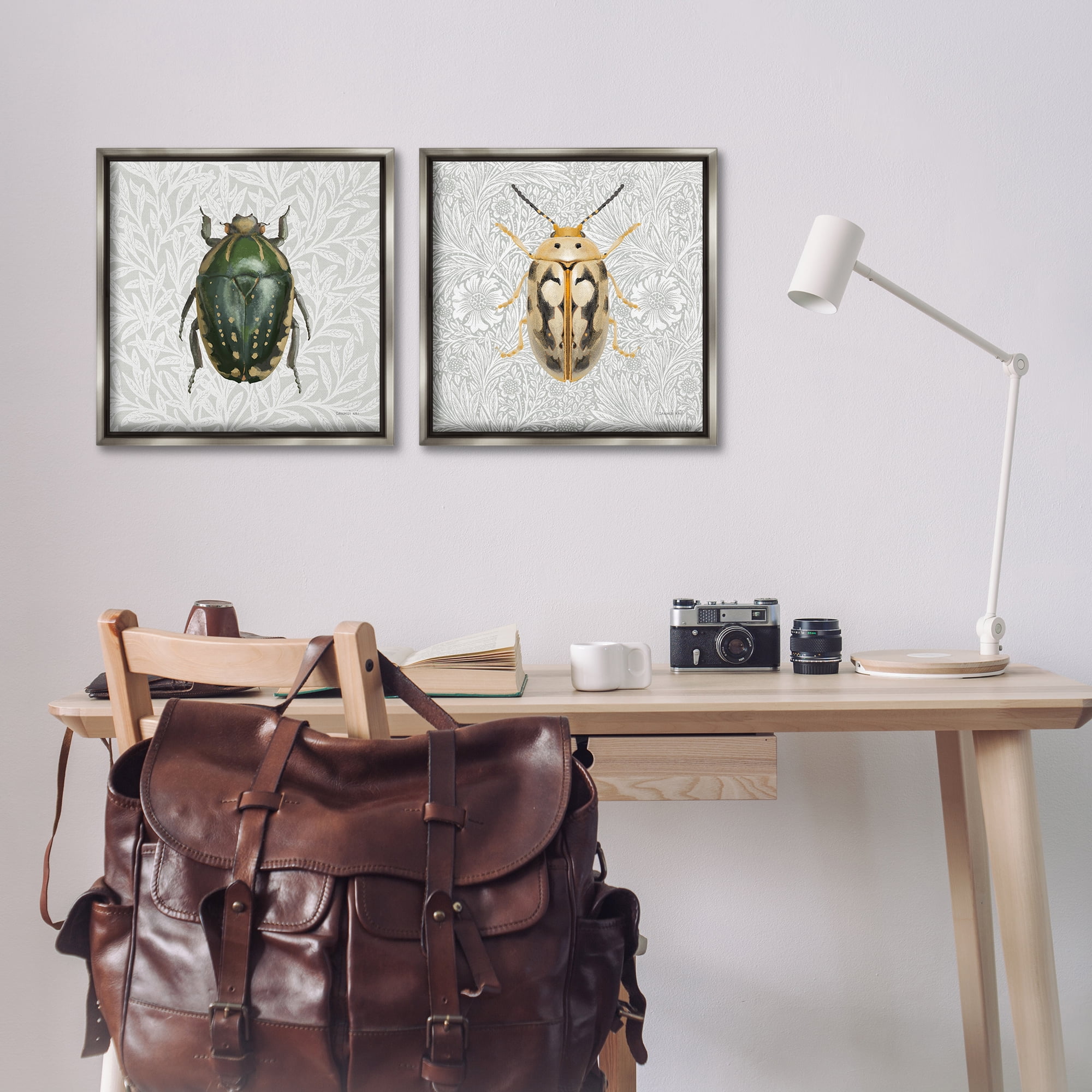 Stupell Industries Beetle Insect Portrait Animals Painting Gray Floater Framed Canvas Art Print Wall Art, 18 x 18, Set of 2