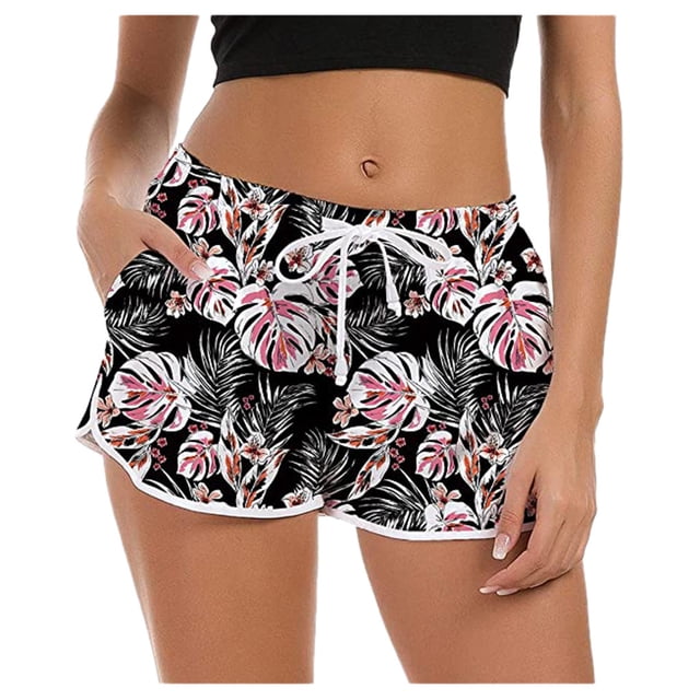 YuYuBao Women Swimsuits Bottoms Swimwear Tropical leaves Pattern Drawstring Short Quick Dry Tankinis Board Shorts