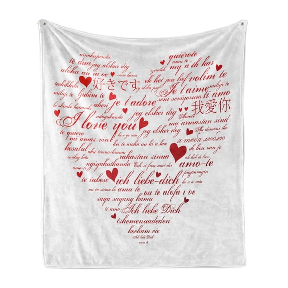 I Love You Soft Flannel Fleece Throw Blanket, Love Words in Various Language Universal Wedding Engaged Flirt Partners Print, Cozy Plush for Indoor and Outdoor Use, 70" x 90", Red White, by Ambesonne