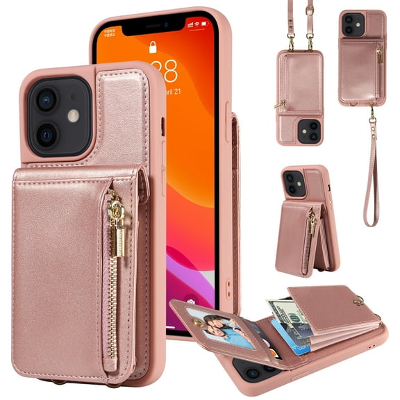 Nalacover RFID Blocking Wallet Case for iPhone 12/12 Pro, Shockproof PU Leather Magnetic Button Zipper Purse Card Slots & Kickstand Crossbody Phone Case with Shoulder & Wrist Strap,Rosegold