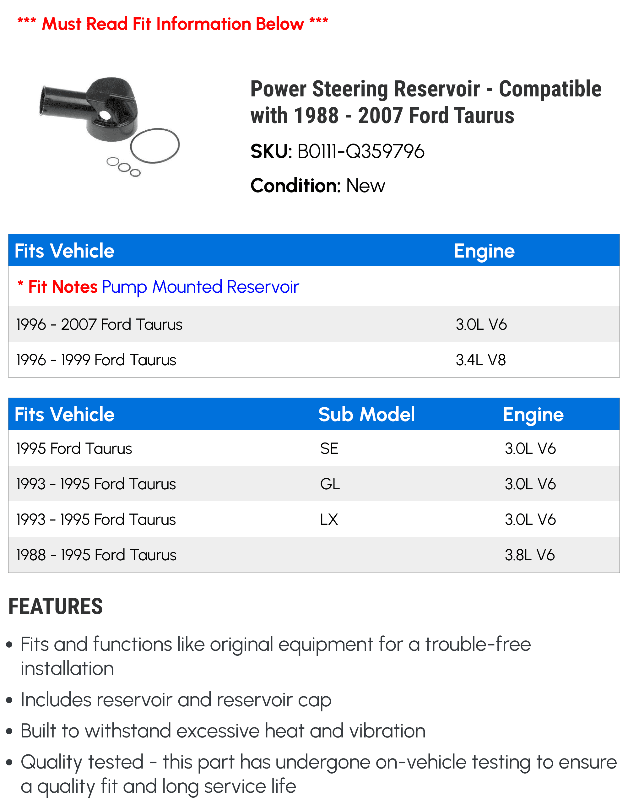 Power Steering Reservoir - Compatible with 1988 - 2007 Ford Taurus - Dorman
