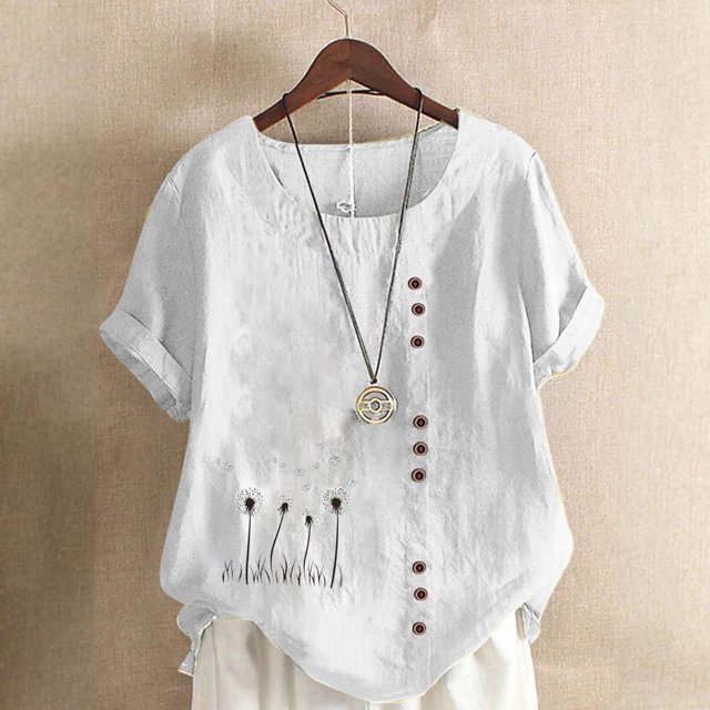 Hauts d'Été pour Femmes DYTTDG T-Shirt Mode Imprimé Grande Taille Col Rond Manches Courtes Blouse Décontractée Ample Hauts pour Femmes Liquidation Moins de 10 Blanc,L