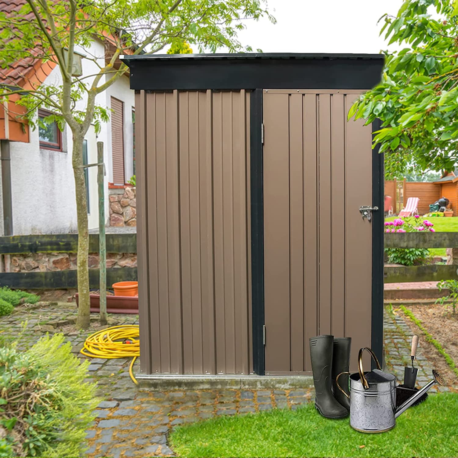BAHOM Horizontal Outdoor Storage Shed 4X6 FT with Floor Base Grey Lockable Organizer for Garden Patio Backyard Tools and Accessories 
