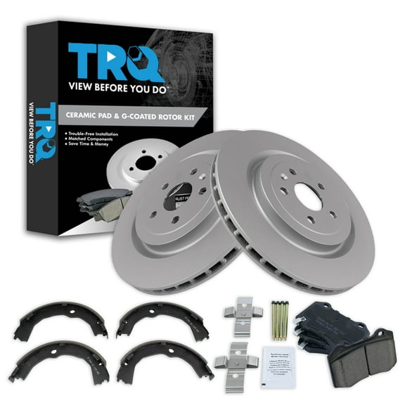 TRQ Rear Brake Pad & Rotor Kit Brake Pads Brake Rotor Parking Brake Shoe Set Ceramic Premium G-Coated Fits Select 2009-2015 Cadillac CTS 2010-2015 Chevrolet Camaro