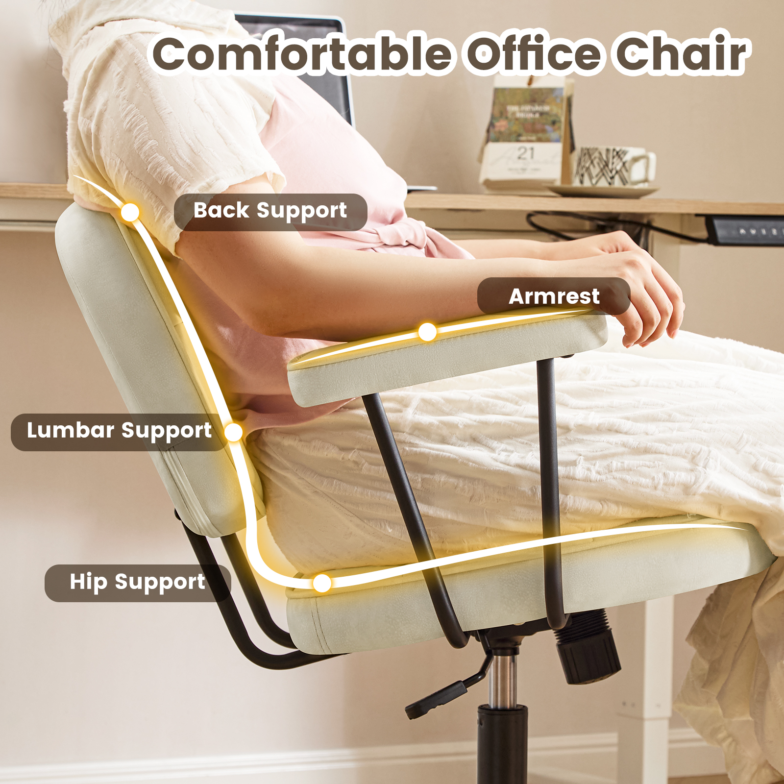 Falvinoryn Modern Home Office Desk Chair, Ergonomic Computer Task Chair with Padded Armrests, 360° Swivel Adjustable Height Rolling Chair, Rocking Function.Beige