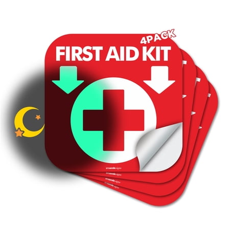 First Aid Kit Sign Glow in The Dark 4 Pack 6"x 6"First Aid Kit Inside Signs Stickers Photoluminescent, Glows for Up to 8 Hours