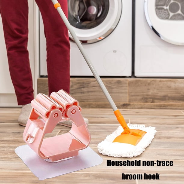 Soporte de clip para trapeador autoadhesivo montado en la pared Soporte para colgar sin costuras (rosa)
