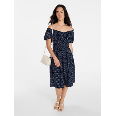 Time and Tru Women's Smocked Midi Dress with Short Puff Sleeves, Sizes XS-XXXL