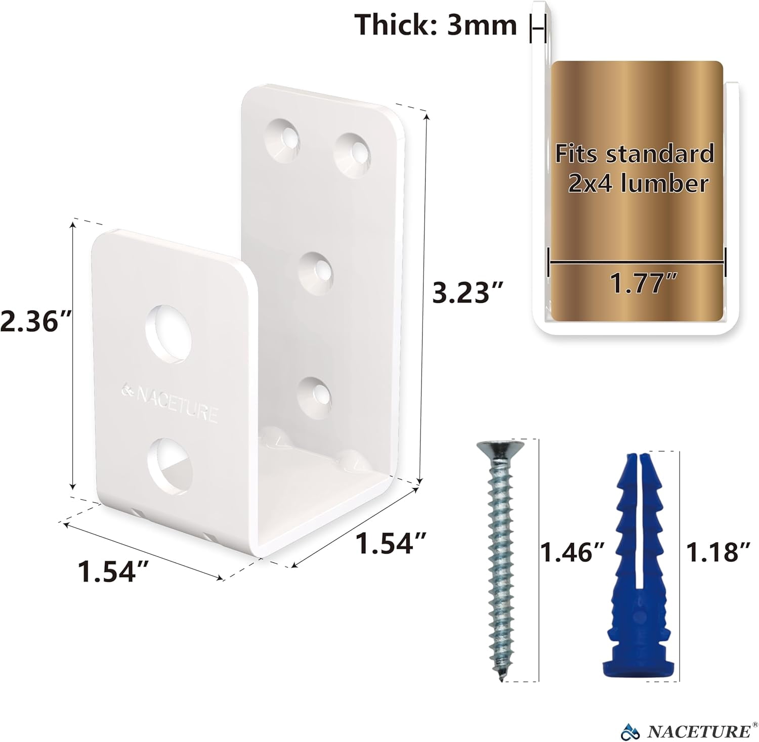 2 Pack White Door Barricade Brackets – Heavy Duty 2x4 U Bracket Door Brace Reinforcement Plates with Screws, Wall Mount Security Bar Holder for Front Door Safety, Anti-Rust Steel, Easy Install