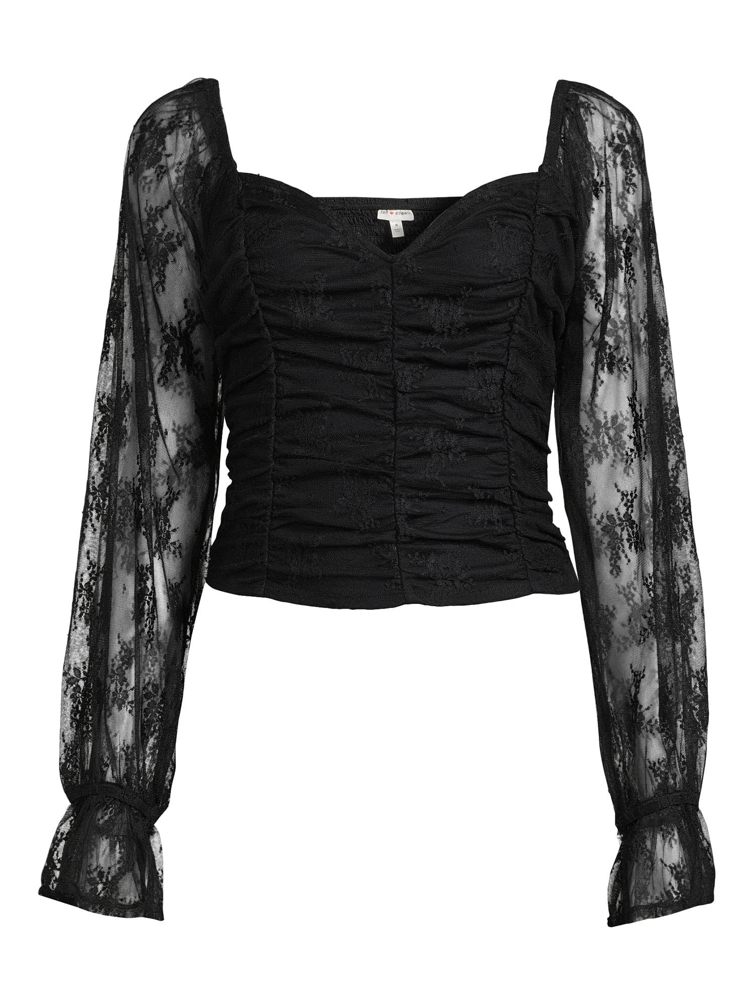 Self Esteem Juniors Shirred Bodice Crop Top with Blouson Sleeves