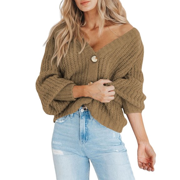 Women'S Chunky Knit Open Front Sweater Long Sleeve Button Loose Short Cardigan Outerwear Coats Camel L