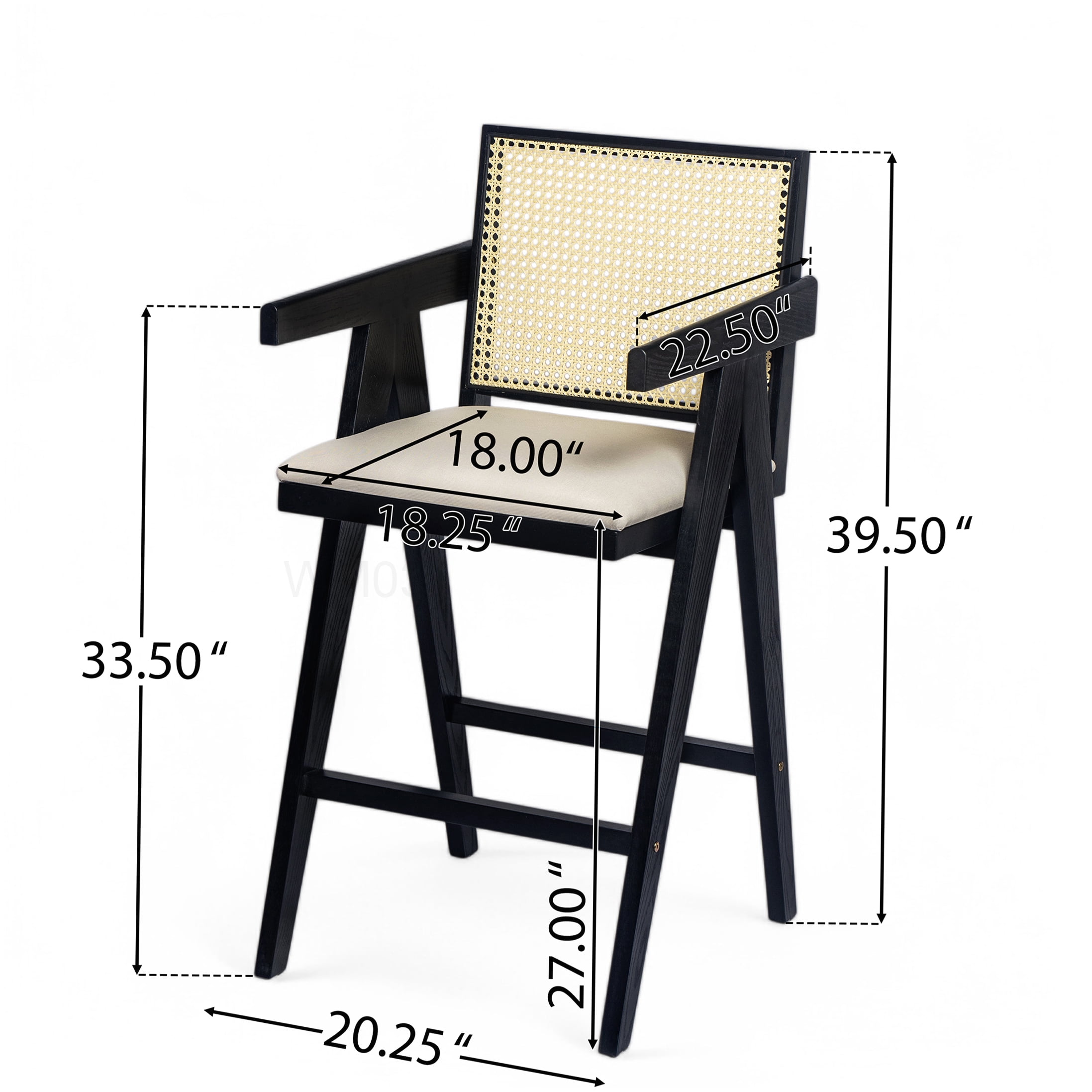 27 Inch Height Bar Stool Set of 2, Cream Grey Fabric Seat with Woven Plastic Cane Back and Rubberwood Legs