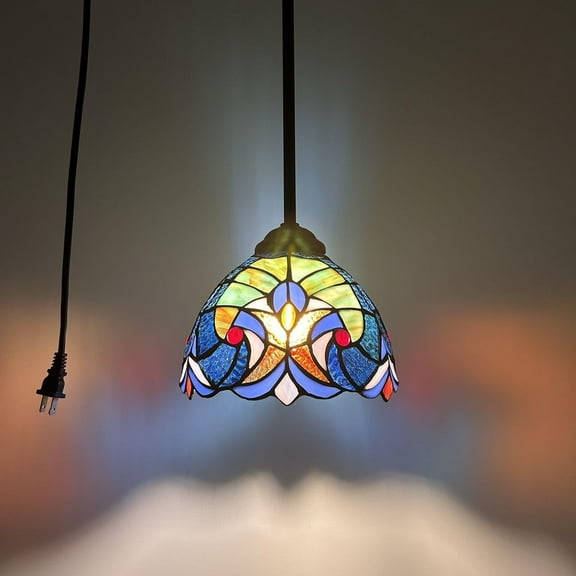 Tiffany Mini Hanging Lights Plug In Green Blue Stained Glass LED Bulb Included 8”W*8”D*60”H