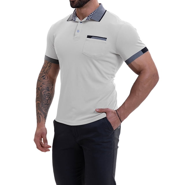 European Patchwork Button Collar Men Casual Loose Trend Business Sports Short Sleeved Shirt