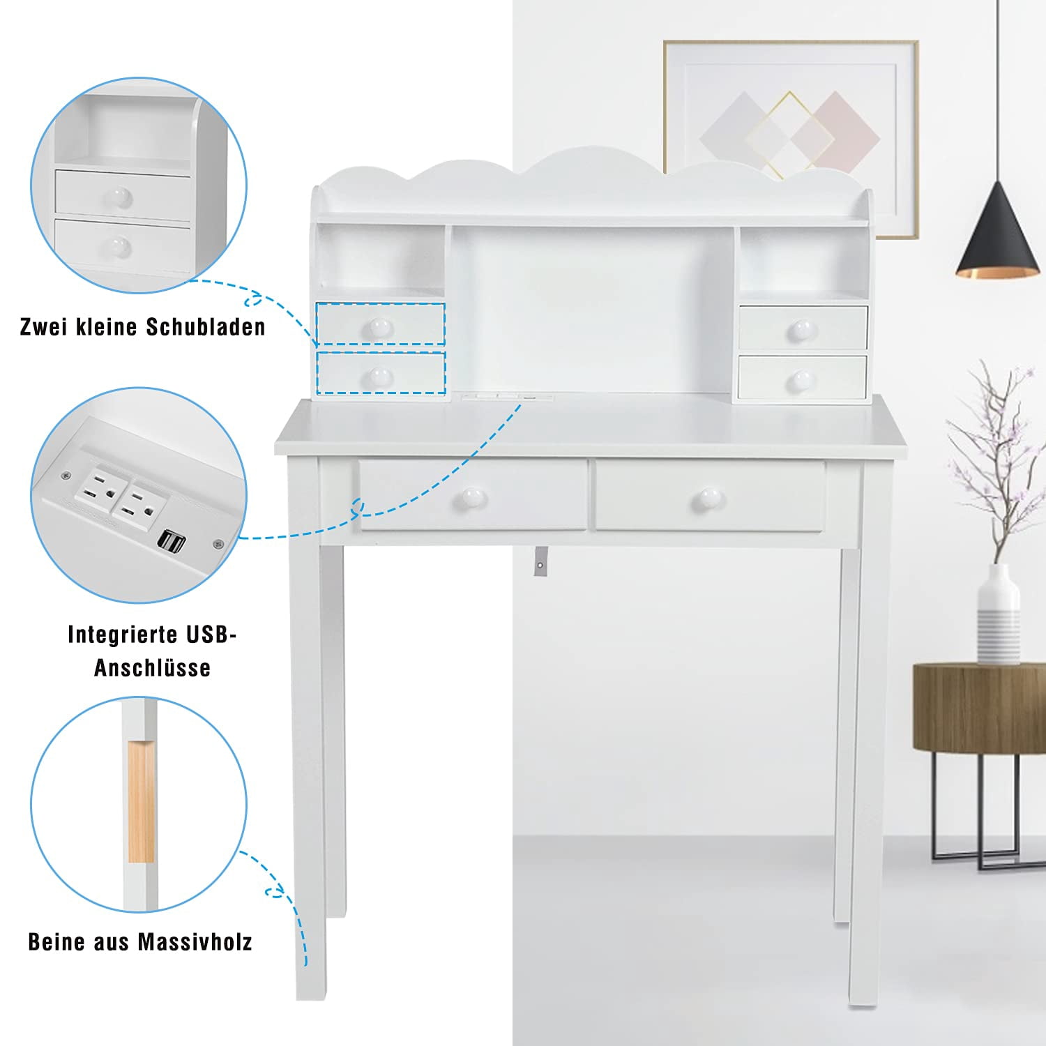 AMUZER Writing Desk with USB Ports and Hutch, 31.5" Home Office Desk Study Workstation for Kids/Student, White