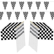 21pcs Race Car Decor Party Supplies, 98 Ft Black and White Race Pennant Flag Banner and 20Pcs 11.8 Inch Racing Checkered Flags with Plastic Sticks