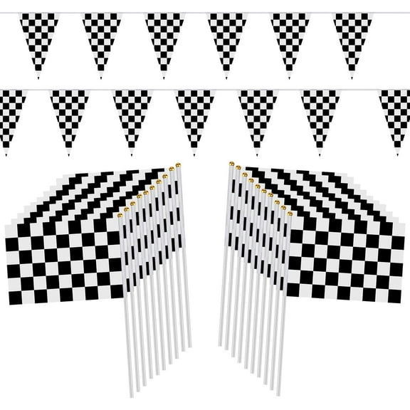 21pcs Race Car Decor Party Supplies, 98 Ft Black and White Race Pennant Flag Banner and 20Pcs 11.8 Inch Racing Checkered Flags with Plastic Sticks