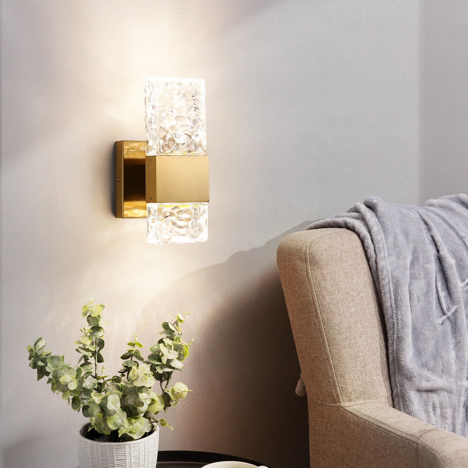 KAISITE Modern 4000K LED  Vanity Lights Brushed Gold  10W  Rectangle Carved Crystal Wall Light, for Bathroom Bedroom Living Room