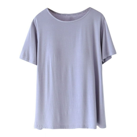 Ohufall Women's Modal Sleepwear T-Shirts with Chest Pad Solid Casual No Steel Ring Crew Neck Loungewear Summer Loose Comfy Short Sleeve Pajama Tops for Women