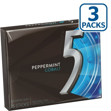 (3 Pack) 5 Gum, Sugar Free Peppermint Cobalt Chewing Gum, 3