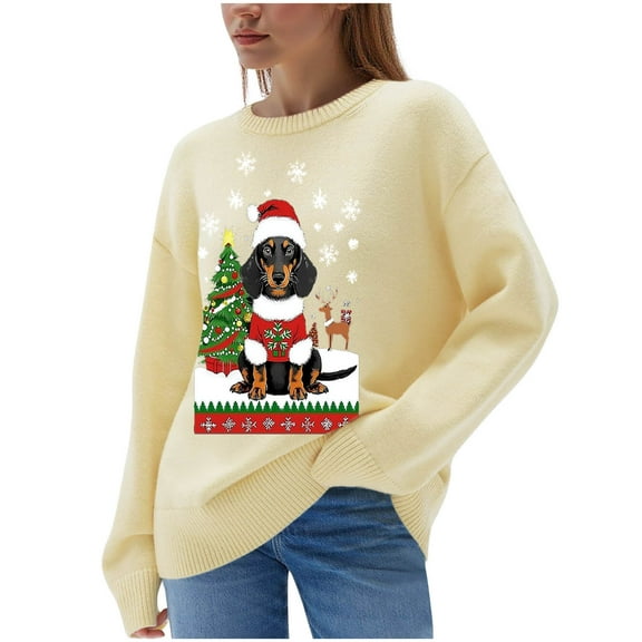 Byworldtasic Christmas Sweater Funny Knit Sweater for Women, Long Sleeve Crewneck Loose Casual Pullover Sweater