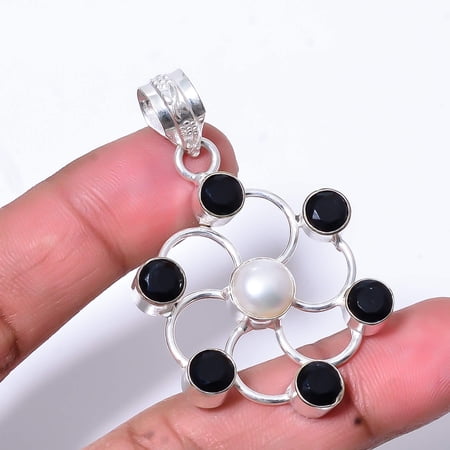 Fresh Water Pearl & Black Onyx Handmade 925 Sterling Silver Pendant 1.95" P56