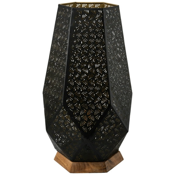Laser-Cut Leaf Pattern Iron Table Lamp with Wood Base - 16.5" - Black and Gold