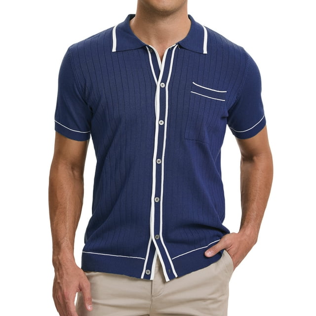 Camisa de punto de hombre TATT 21, con botones, de manga corta, ligera, casual, para el verano, polo de punto, color azul oscuro