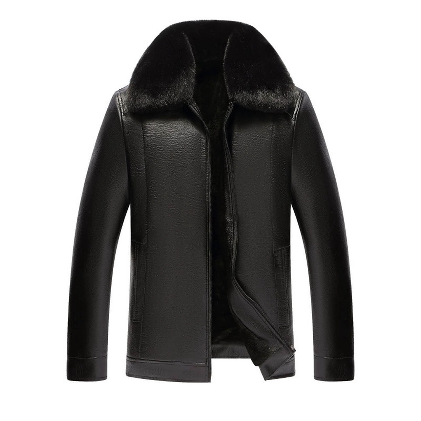 RongHuan Faux Leather Jacket for Men Fleece Full Zip Coats with Faux Fur Collar Fashion Winter Jackets Warm Long Sleeve Overcoat