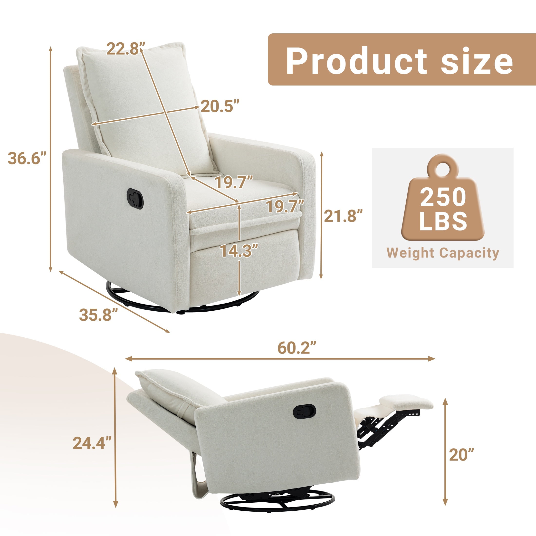 HSUNNS 360° Swivel Rocker Recliner for Adults, Small Rocking Recliner for Small Spaces, Glider Recliner for Nursery, Rocking Chair , Manual Recliner Chair for Living Room, Bedroom, White
