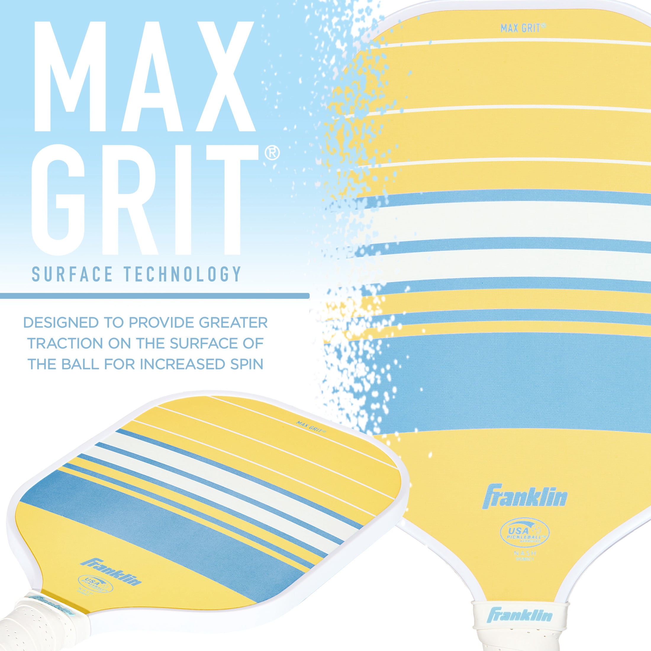 Franklin Sports Pickleball Paddle - Max Grit Fiberglass Surface - Polypropylene Core Pickleball Paddle - USA Pickleball (USAP) Approved - Yellow/Blue