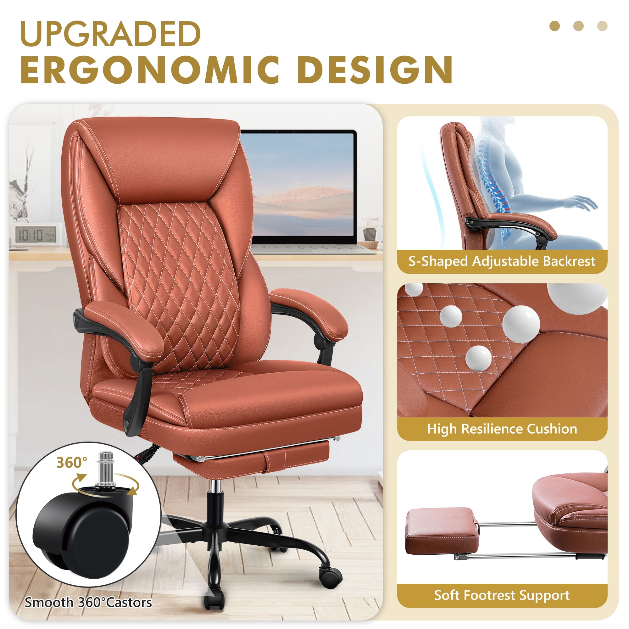 Primy Office Chair with Retractable Footrest, Ergonomic High Back Executive Computer Desk Chair, Big & Tall PU Leather Reclining Chair for Home Office Work