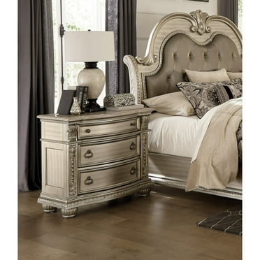 Newboti Furniture Silver Finish European Design 1pc Nightstand w Genuine Marble Top Traditional Bedroom Furniture 09287