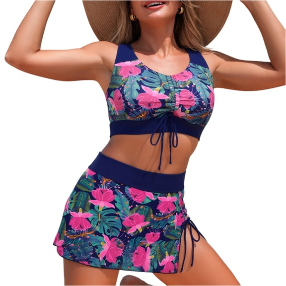 YIFUNIN Women's Sexy Printed Three Piece Bikini Set Swimsuit with Sarong Cover Up for Women Beach Vacation Honeymoon Pool Party,Navy L