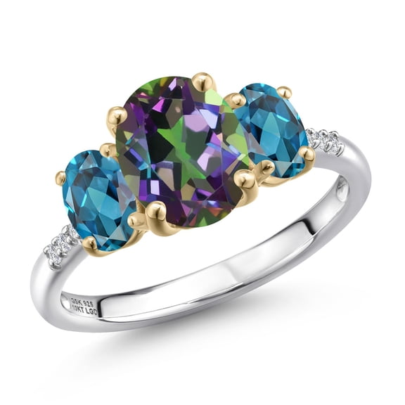 Gem Stone King 925 Silver and 10K Yellow Gold Green Mystic Topaz and London Blue Topaz and Lab Grown Diamond Engagement Ring for Women | 3.56 Cttw | Oval 9X7MM | November Birthstone | Size 7