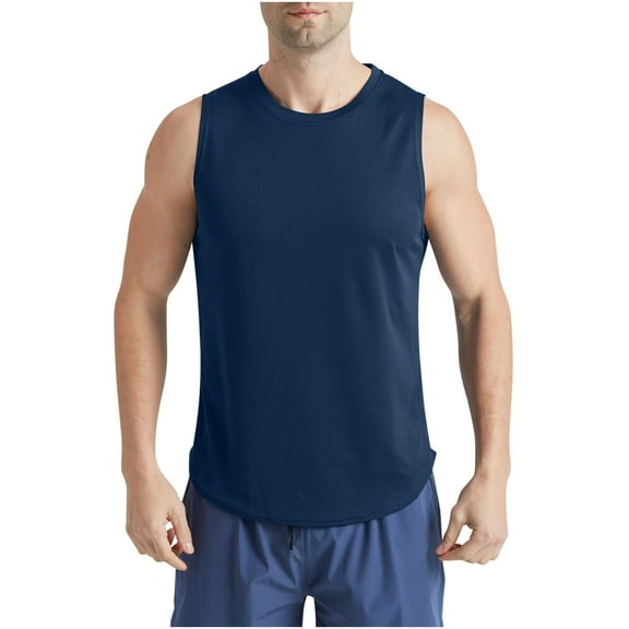 HOOMEUMY Men's Summer Basic Muscle Tank Tops Solid Color Crew Neck Workout Sleeveless Curved Hem Loose Fit Athletic UnderVests Gym Tank Top Navy L