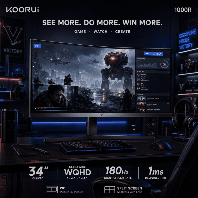 KOORUI 34'' Ultrawide 4K Curved Gaming Monitor, 165Hz WQHD HDMI