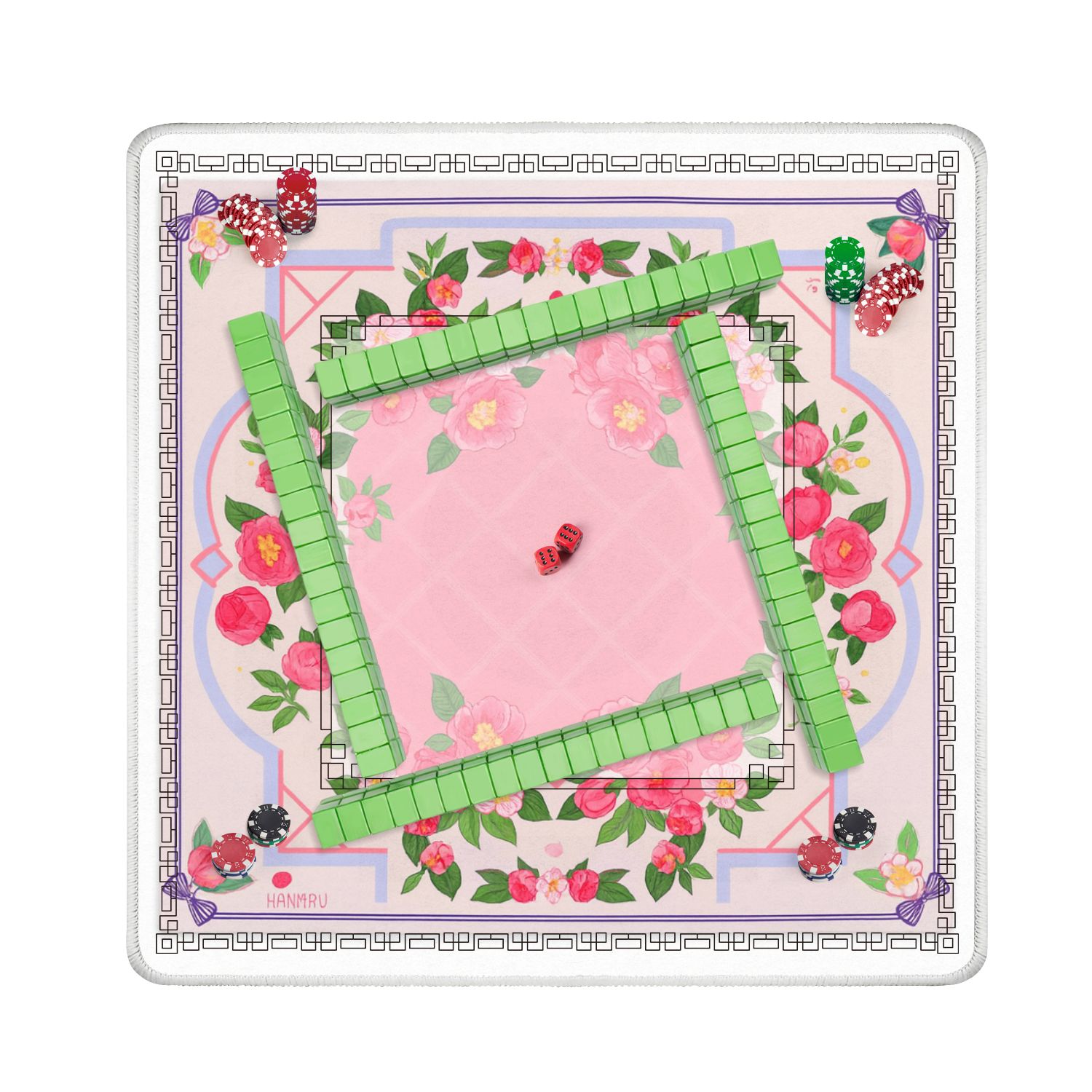 Mahjong Mat 31.5" x 31.5" Floral Pink Camellia Bouquet Soft Pastel Accents Anti-Slip and Noise Reduction Symmetry Design Mahjong Tiles Table Cover for Dominoes Poker Card Board and Tile Games