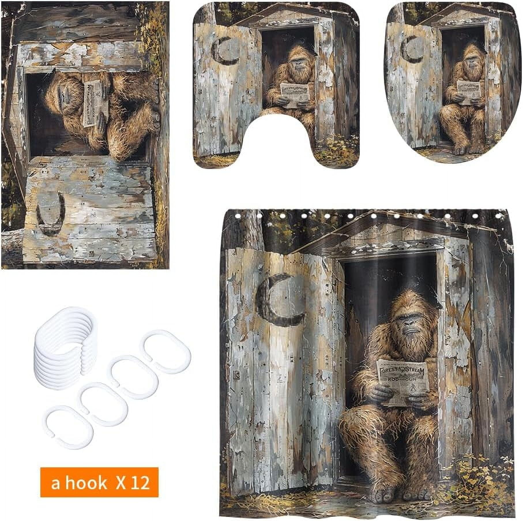 4PCS Vintage Bigfoot Sasquatch Shower Curtain Sets,Funny Animal Bathroom Sets with Non-Slip Rugs,Toilet Lid Cover,Bath Mat,Shower Curtain with 12 Hooks Farmhouse Bathroom Sets Decor