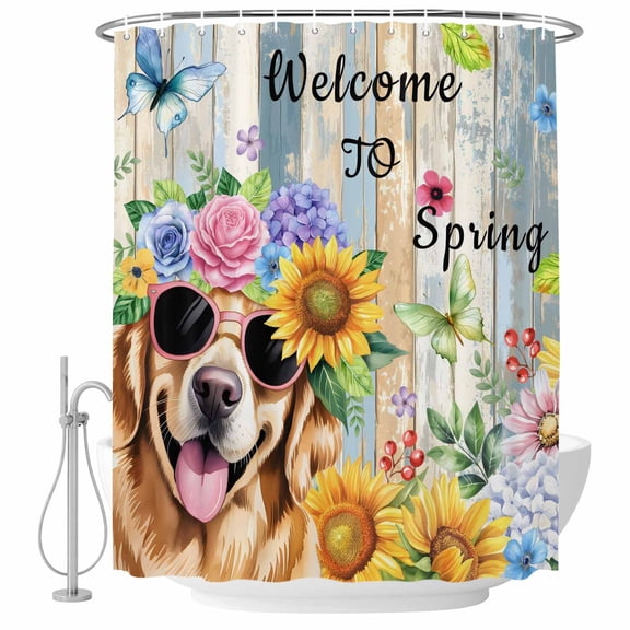 Spring Dog Shower Curtain Set - Small 36" x 72" Washable Bathtub Curtain with 12 Hooks, Retro Watercolor Botanical Floral Sunflower Waterproof Fabric Stall Shower Curtains for Bathroom/Bathtub Décor