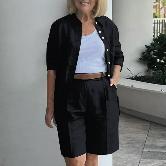 CFLVAEK Two Pieces Cotton Linen Sets for Plus Size Women Casual Half Sleeve Button Down Shirts Loose Fit Round Neck Blouses Baggy Bermuda Shorts Solid Summer Going Out Outfits