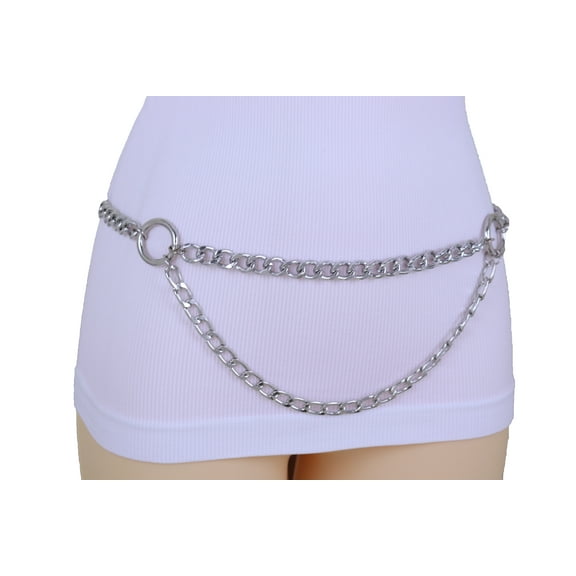 Women Waist Hip Silver Metal Chain Belt Circle Rings Plus Size XL XXL