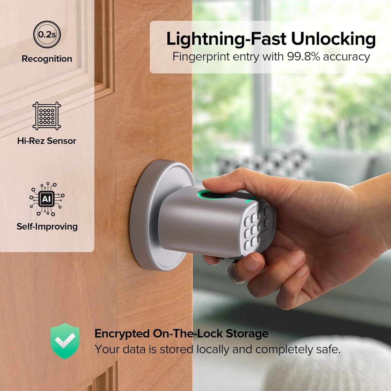 Keyless Entry Door Lock, Fingerprint Door Lock with Keypad Biometric Door Knob, Auto-Lock for Interior Doors Thickness up to 2-1/4", Bedroom, Home Office, Garage, 4xAA Alkaline