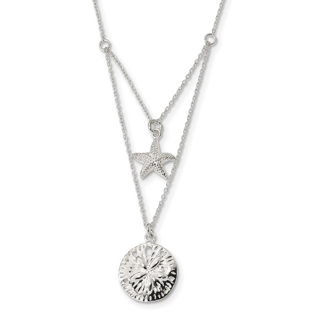 925 Sterling Silver Starfish Sand Dollar Sea Star 18 Inch 2 Strand Necklace Pendant Charm Fish Life